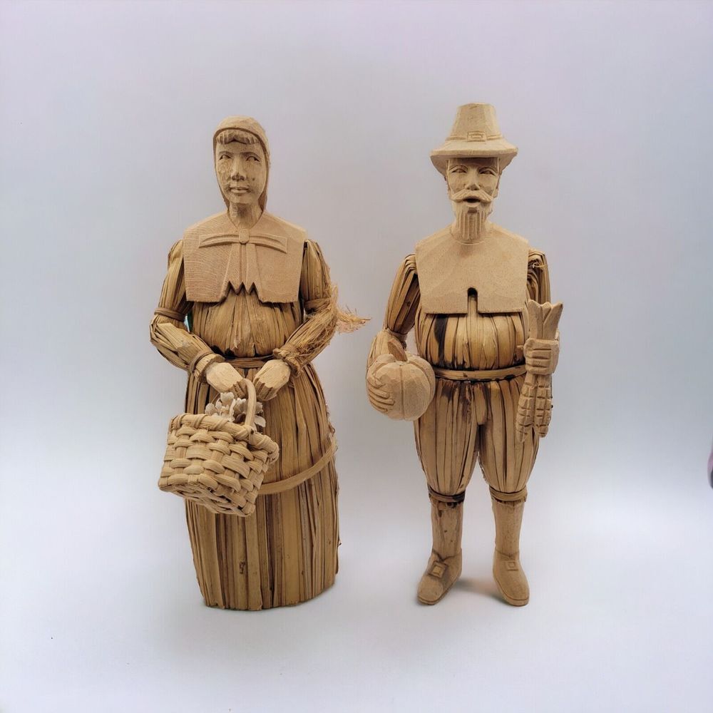 Thanksgiving Pilgrims Set Of 2 Carved Corn Husk Figures 16" & 17" Tall Folk Art
